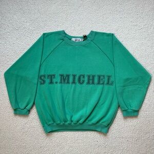 Vintage 80s Cropped Boxy Sweatshirt St. Michel Green Raglan Spellout Crewneck